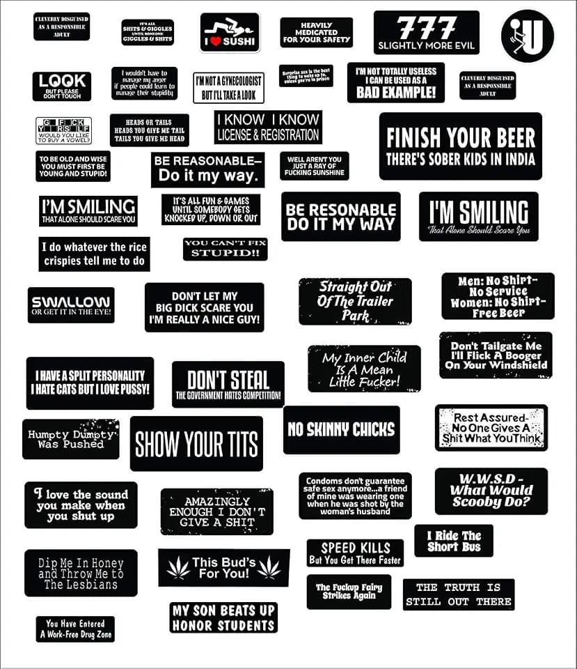 1 Set XXL (49pcs) Funny Construction Helmet Stickers – Rude Quotes Toolbox Decals for Hard Hat, Motorcycle, Laptop – Waterproof Vinyl for Mechanics, OSHA, Electricians, Union, Military