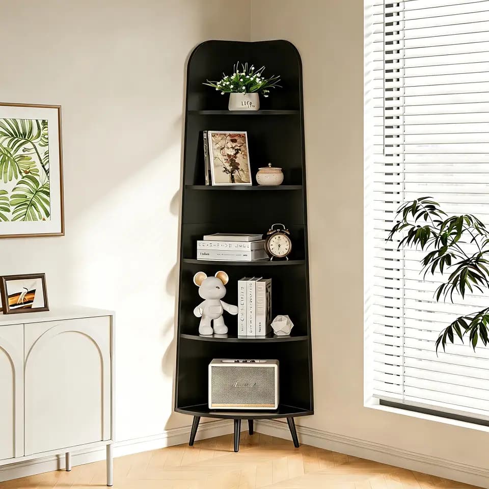 VECELO 5-Tier Curved Corner Shelf, 66.93" Tall Display Rack, Black