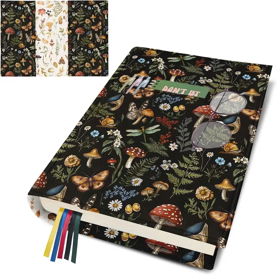 Boho Butterfly Mushroom Book Cover for Hardcover Paperback,Adjustable Soft Canvas Fabric Book Protector with Pocket Bookmark,Double Side Floral Print Book Dust Jacket Covers for Book Lovers Gift S