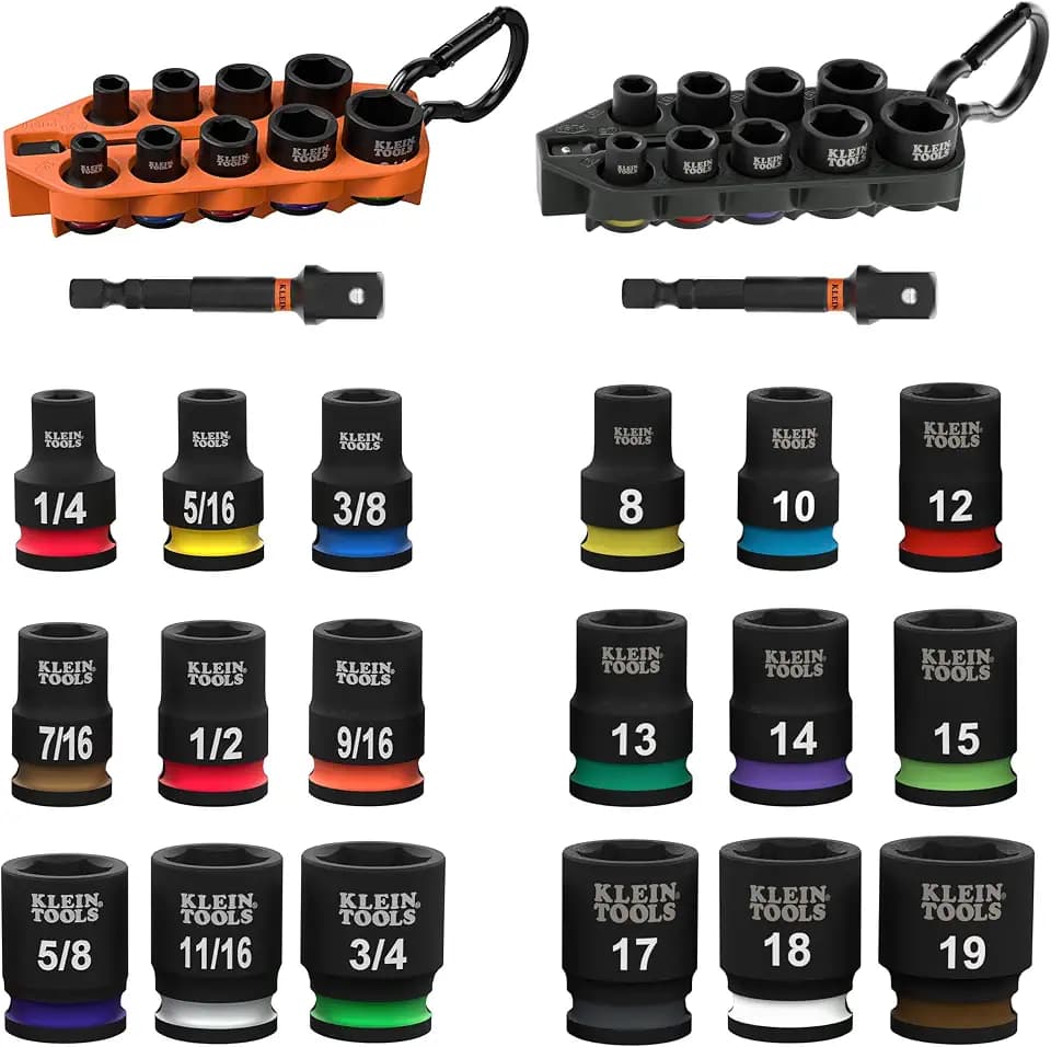 Klein Tools 80207 Grab-And-Go Impact Socket Sets, SAE and Metric, 20-Piece Set with Sleeves, Carabiners, 3/8-Inch Drive, Color-Coded, 1/4-Inch to 3/4-Inch, 8 mm to 19 mm Sockets