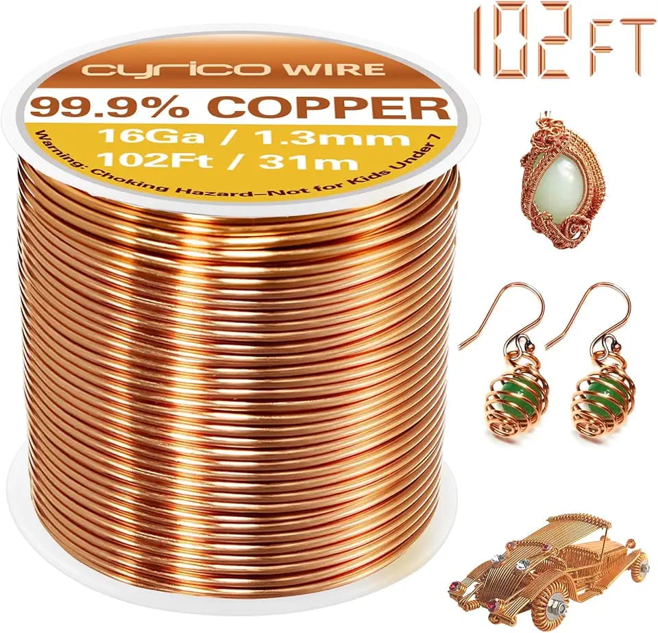 99.9% Pure Copper Wire, 16 Gauge 102 Feet Solid Copper Wire for Jewelry Making Crafts, Electroculture Gardening Antenna, Cyrico Bendable Soft Wire for Plants
