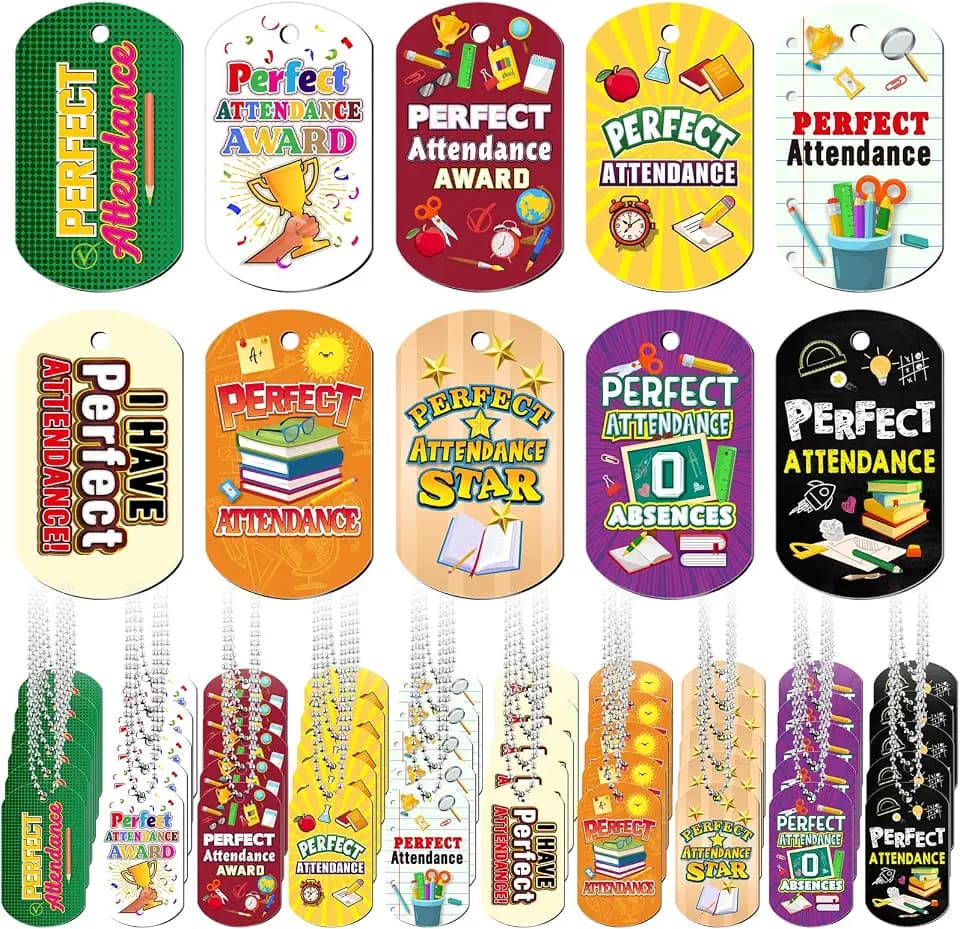 Liliaafar 60 Set Perfect Attendance Awards Dog Tag Necklaces Bulk Acrylic Tags with Chains for Student Incentives, Classroom Rewards, Birthday Gifts, Team Prizes, School Teacher Supply, 2'' x 1.1''