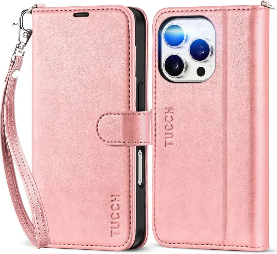 TUCCH Hülle für iPhone 16 Pro Case mit Band, Kartenfach, Rosagold