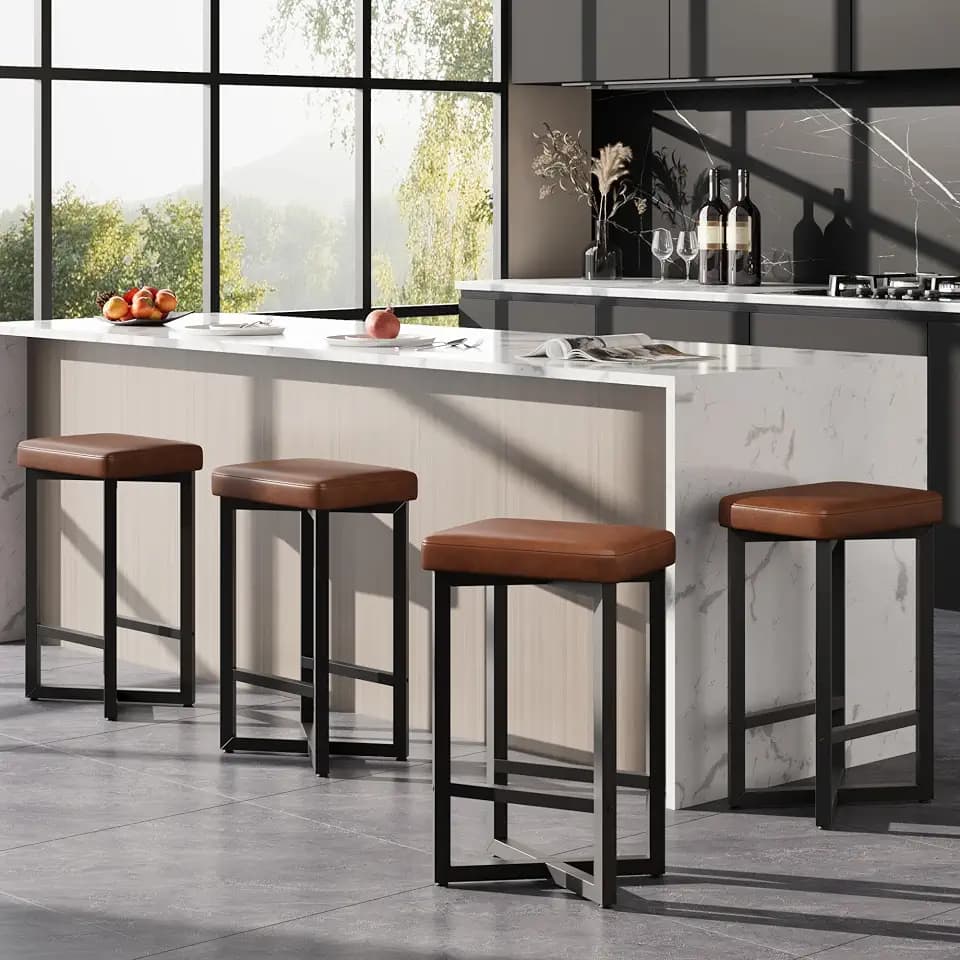 Garvee 24.6" Bar Stools Set of 4 with PU Leather Upholstered Seats, Brown