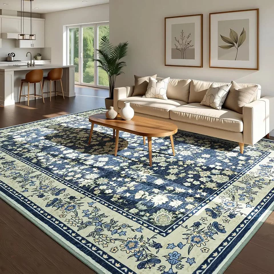 Softlife 4x6 Washable Area Rug for Living Room, Non-Slip Rugs for Bedroom, Small Vintage Indoor Mat Under Dining Table, Oriental Modern Print Carpets for Kids, Dark Blue and Green