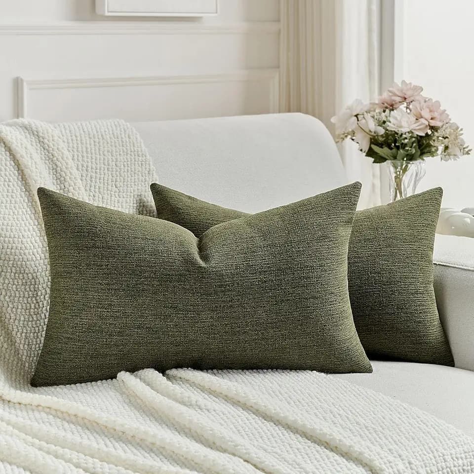 FUTEI Pack of 2 Faux Linen Throw Pillow Covers 12x20 Inch,Moss Green