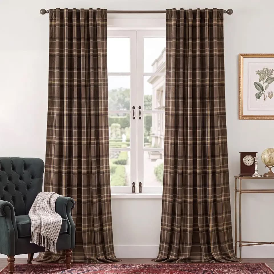 StangH Mocha Brown Plaid Velvet Curtains Boho Decor, W52 x L84, 2 Panels