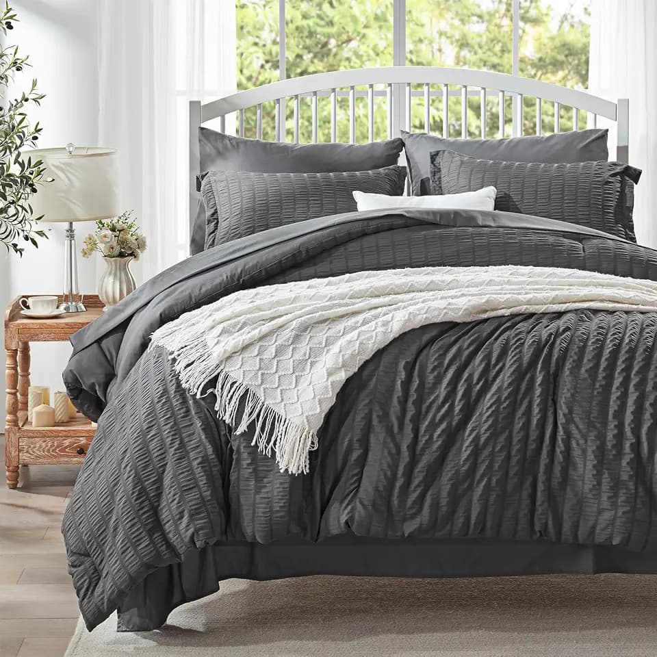 Queen Comforter Set 7 Piece, Dark Grey Bed in a Bag Queen Bedding Sets