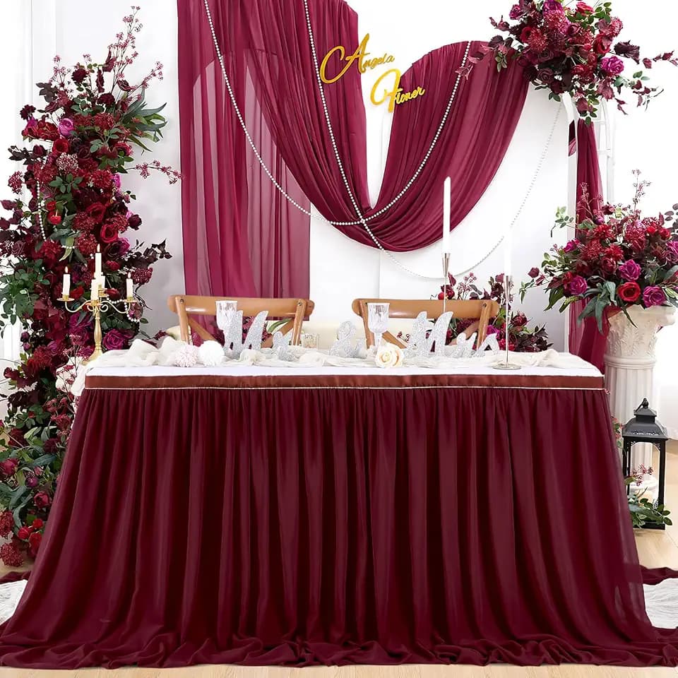 Burgundy Table Skirt for Party:2 Layer Chiffon Table Skirts Rectangle Tables Baby Shower Wedding Birthday Decorations 9FT