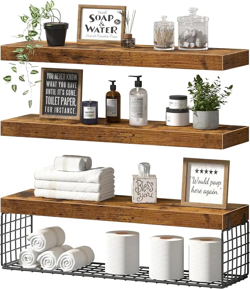 QEEIG Bathroom Shelves Over Toilet Wall Mounted (Brown, Set of 3, 23.6")