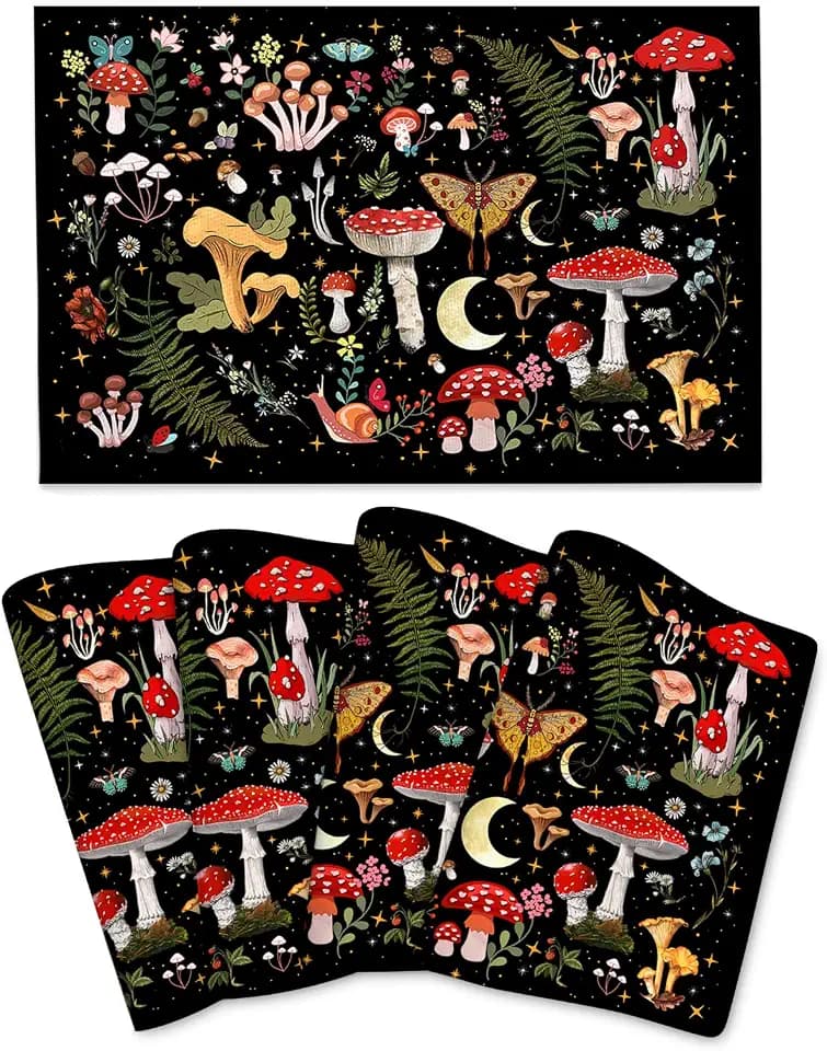 Mushroom Placemats Set of 4, Moth Gothic Witchy Table Mats, Heat Resistant Washable Placemat for Kitchen Dining Tables Decor, Black and Red Linen Place Mats 12"x18", Witchy Gifts for Women