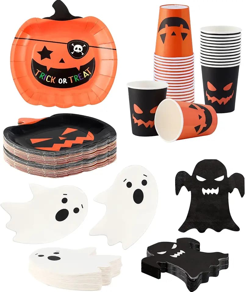 Halloween Party Supplies - Serves 24 - Pumpkin Plates, Cups, and Napkins for Birthday Decorations - Kids Paper Dinnerware Set