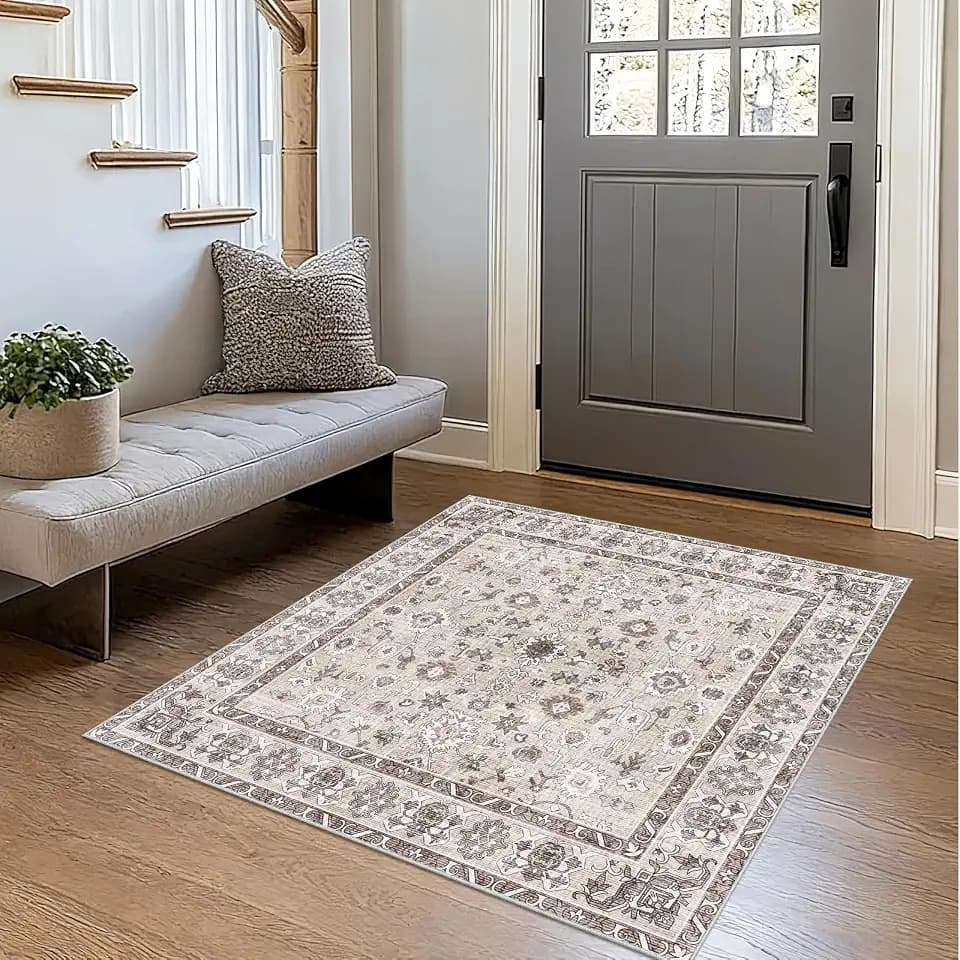 Washable 3x3 Square Rug for Entry Bathroom Kitchen Bedroom Carpet - Non Slip Stain Resistant Low Pile Soft Door mat - Protect Hardwood and Laminate Flooring Floral Farmhouse Decor 3x3 Beige