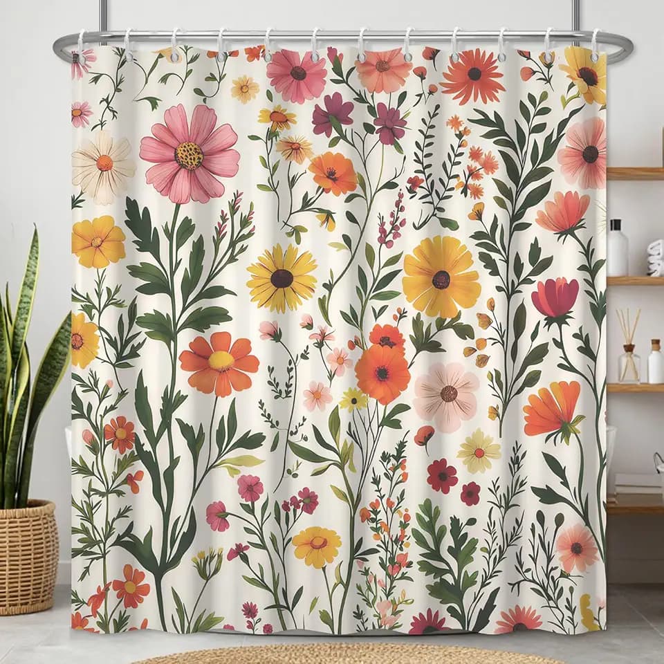 Fabric Shower Curtain with Hooks, Waterproof & Washable, Polyester, Colorful Boho Floral Shower Curtains for Bathroom, Pretty Bohemian Farmhouse Flower Botanical Bathroom Curtain, 71x74 Inch