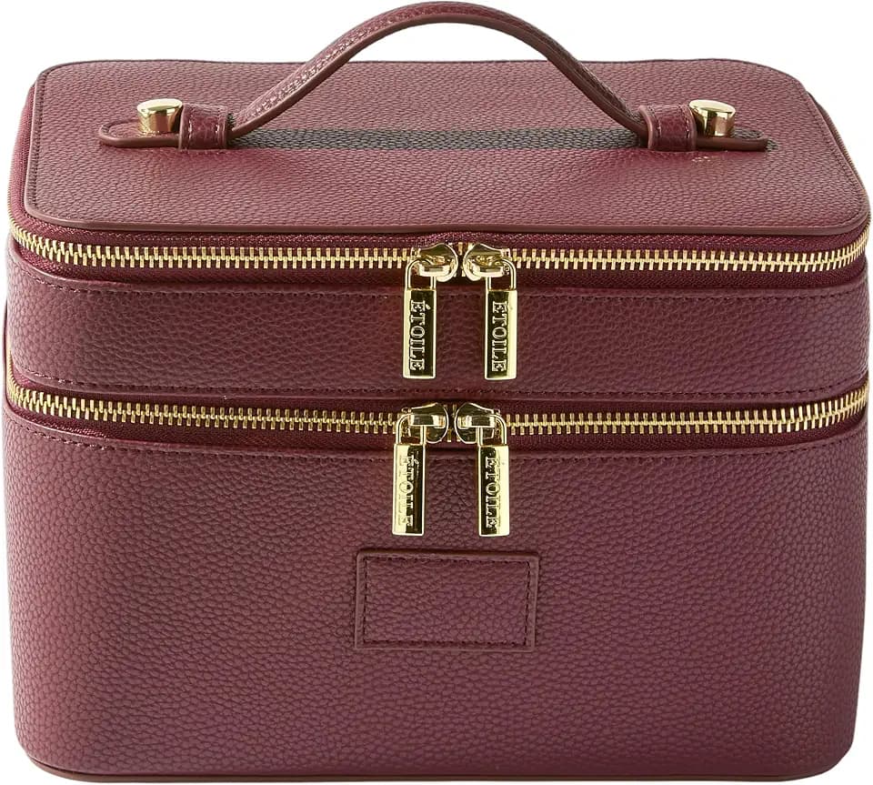 ETOILE - Duo Vanity Case Burgundy - Large Functional Travel Makeup Bag Organizer with Removable Divider & Mirror