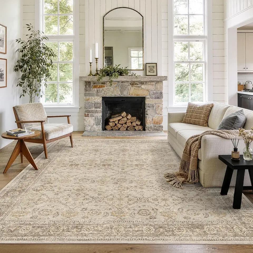 8x10 Washable Boho Area Rug, Beige Farmhouse for Living Room Carpet