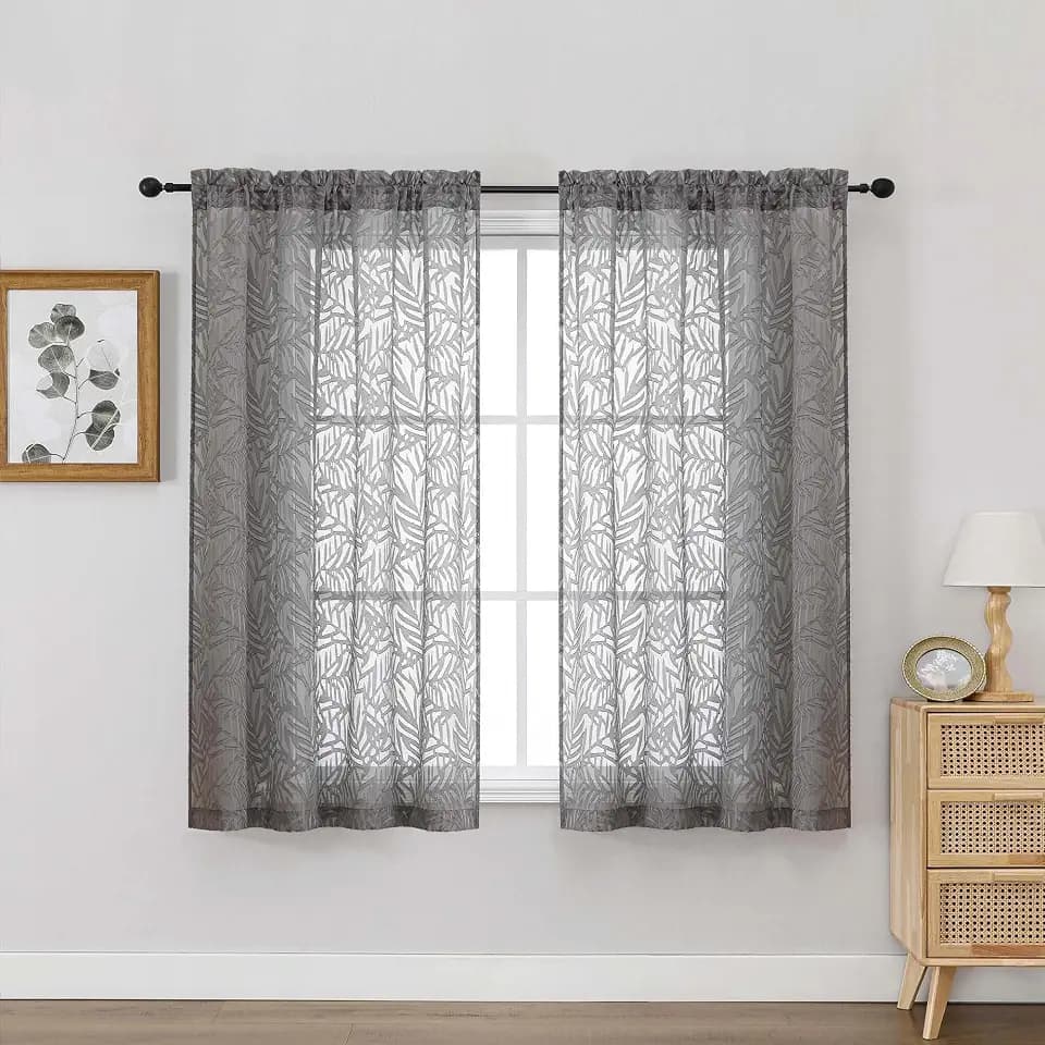 OVZME Charcoal Grey Sheer Curtains 54 Inch Length 2 Panels, Soft Airy Light Filtering Breathable Leaf Jacquard Textured Short Drapes for Bathroom Bedroom Windows, Dual Rod Pocket, 2x42Wx54L Inches