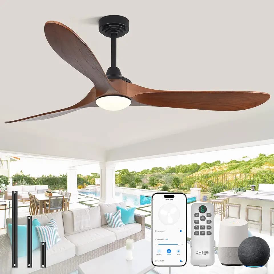 72 inch Outdoor Ceiling Fans with Lights,Smart Wood Large Ceiling Fan for Alexa,Google & APP Control,Indoor/Outdoor,3 Blades,3CCT Dimmable,Red Walnut,Downrod Mount for Patio Porch