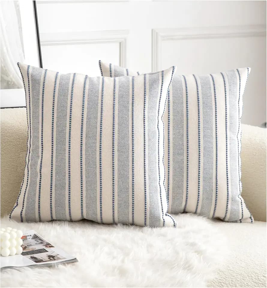 Cethom Decorative Boho Throw Pillow Covers, Farmhouse Textured Pillow Case, 22 x 22 Inch Set of 2, Chair Sofa Bedroom Living Room Home Decor Couch Cushion Case, Classic Blue and Beige Striped