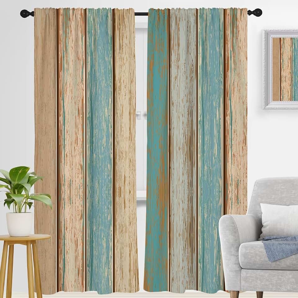 zokyer Teal Western Extra Long Curtains, 2 Panels, 42"W x 84"L, Rod Pocket