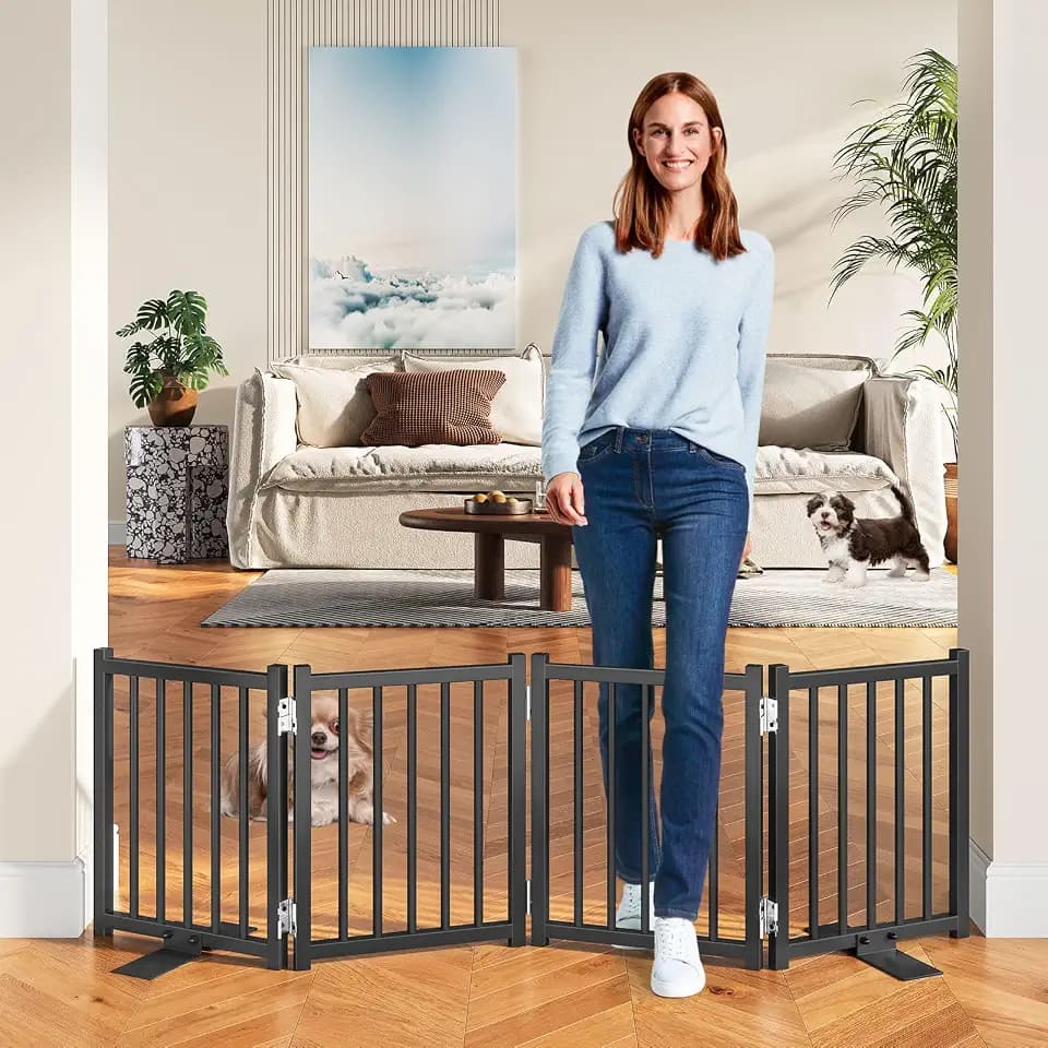 Snughome Short Dog Gate Indoor, 16" High Freestanding Small Dog Door Gate with Support Feet, Expands Up to 48’’ Wide Foldable Pet Gates for Doorway, 4 Panel Folding Pet Door Pet Fence for Puppy, Black