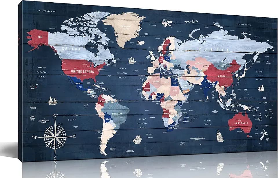 ZHAOSHOP World Maps for Wall - Blue Wall Decor for Living Room - World Map Canvas Wall Art Ready to Hang Size 59" x 29"