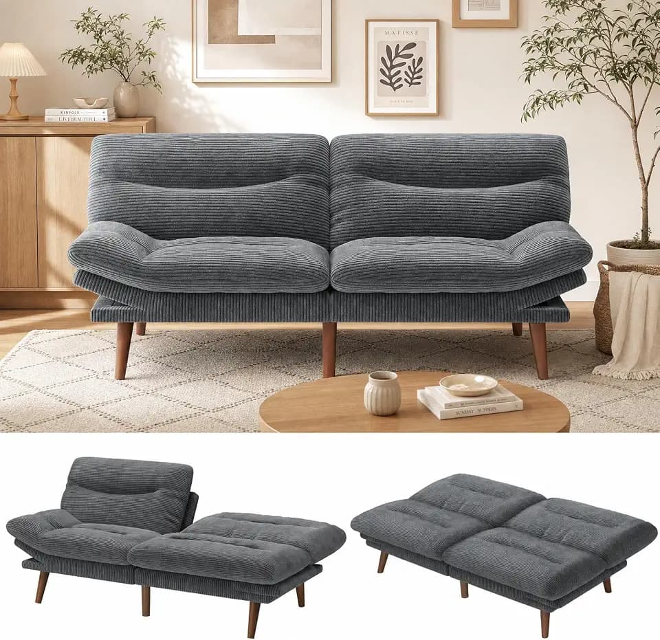 Marsail 75" Futon Sofa Bed, Small Convertible Sleeper Couch, Grey