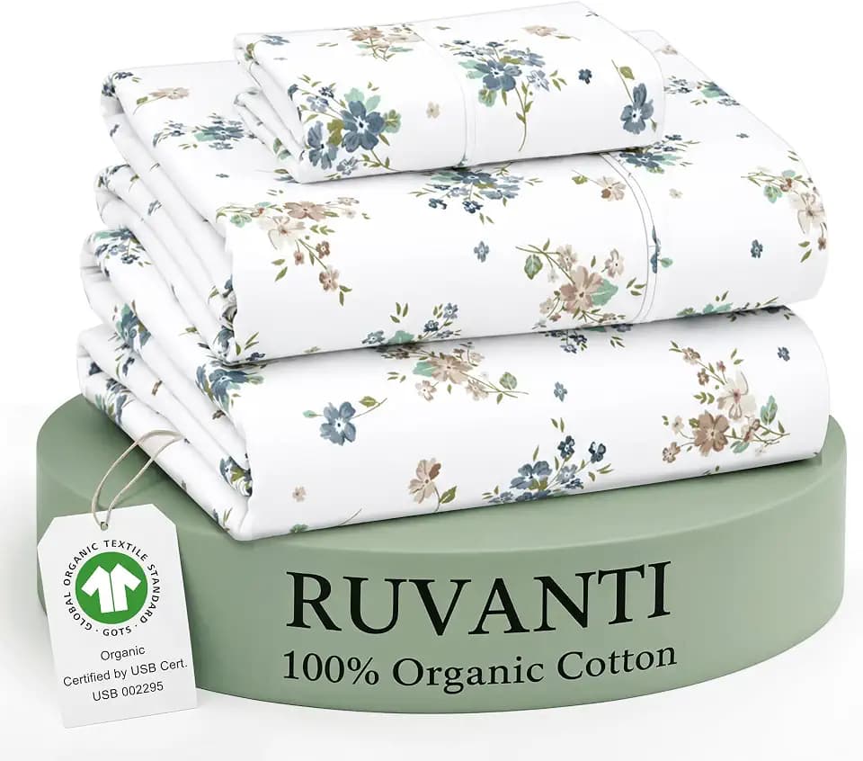 RUVANTI 100% Cotton Organic Twin XL Sheets, Percale Weave, Halcyon