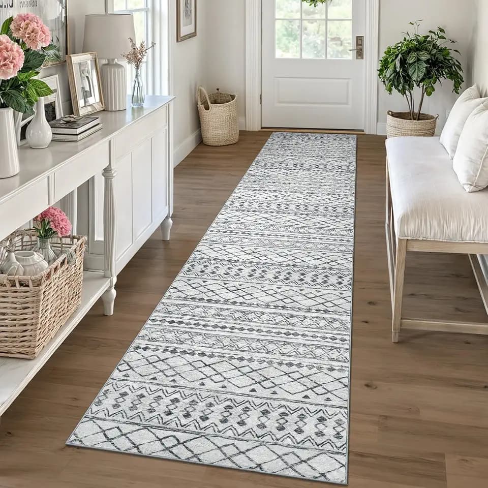 KUTA Moroccan Boho Geometric Washable Runner Rug 2x10 Grey Vintage