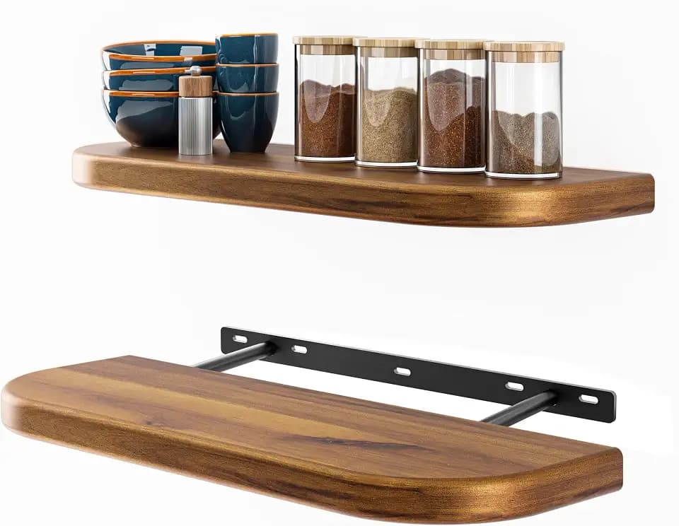 BATODA 17" Acacia Wood Floating Shelves Wall Mounted (Round Edge) – Rustic Farmhouse Wooden Wall Storage Shelf for Bedroom, Kitchen - Brackets and Shelving Hardware Included (Acacia Color)