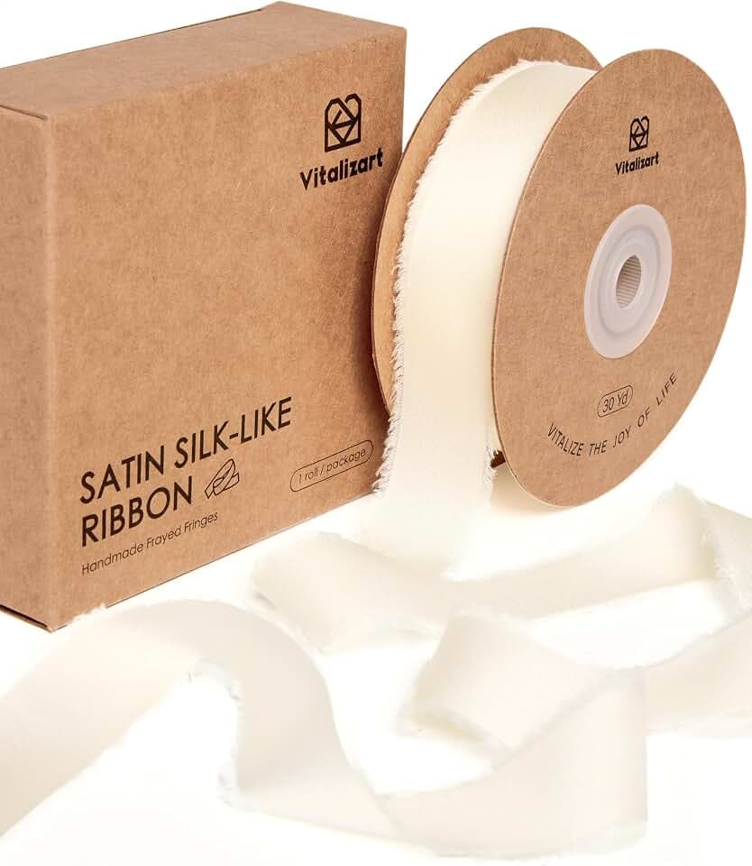 Vitalizart Ivory Silk Satin Ribbon 1" x 30 Yds White Handmade Frayed Edges
