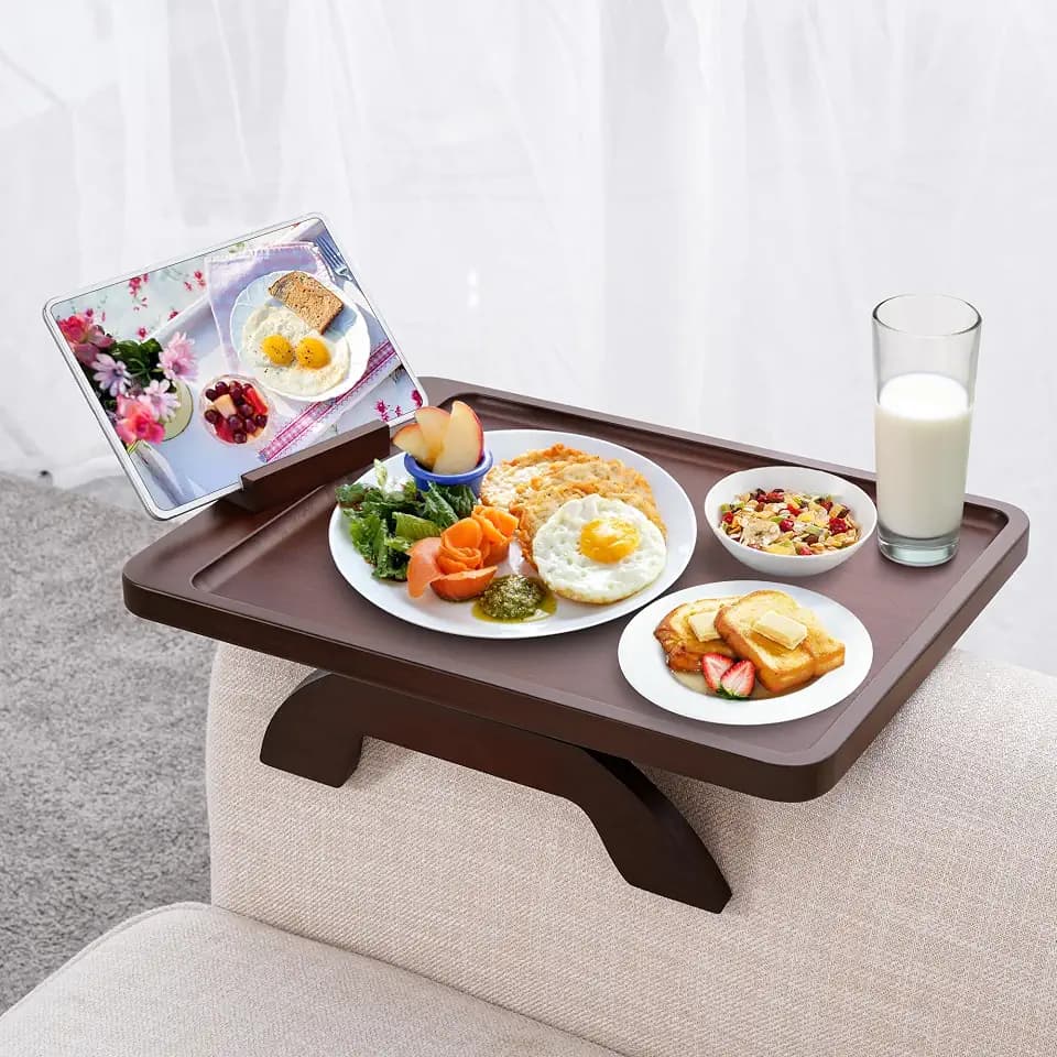 SINWANT Couch Arm Tray Table, Large Space 15.75"x 11.8" Bamboo Couch Armrest Table with 360° Rotating Phone Holder,Foldable Sofa Armrest Tray for Eating Snacks Drinks Remote Books