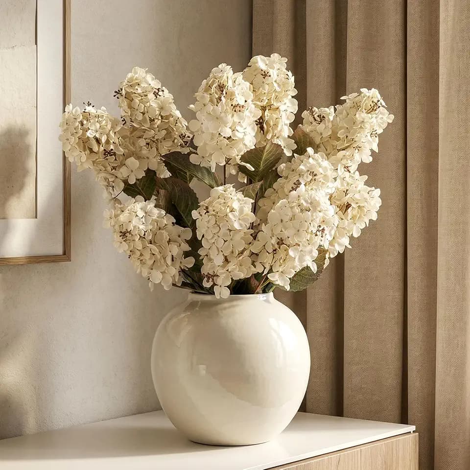 Ttranewsoo Hydrangea Artificial Flowers,Fall Hydrangeas Artificial Flowers, Fake Fall Dried Hydrangea Decoration,Faux Silk Flower with Stems Winter Decor Without Vase(Cream White 8PCS