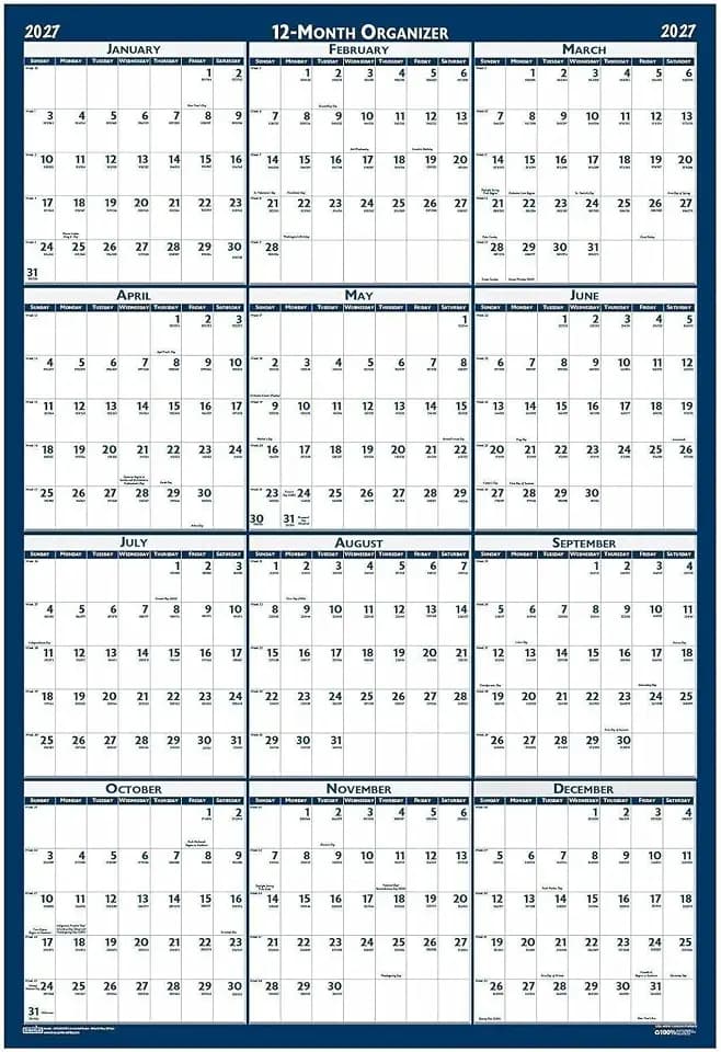 House of Doolittle 12 Month Reversible Laminated Wall Planner, January 2027 to December 2027, 32" x 48"