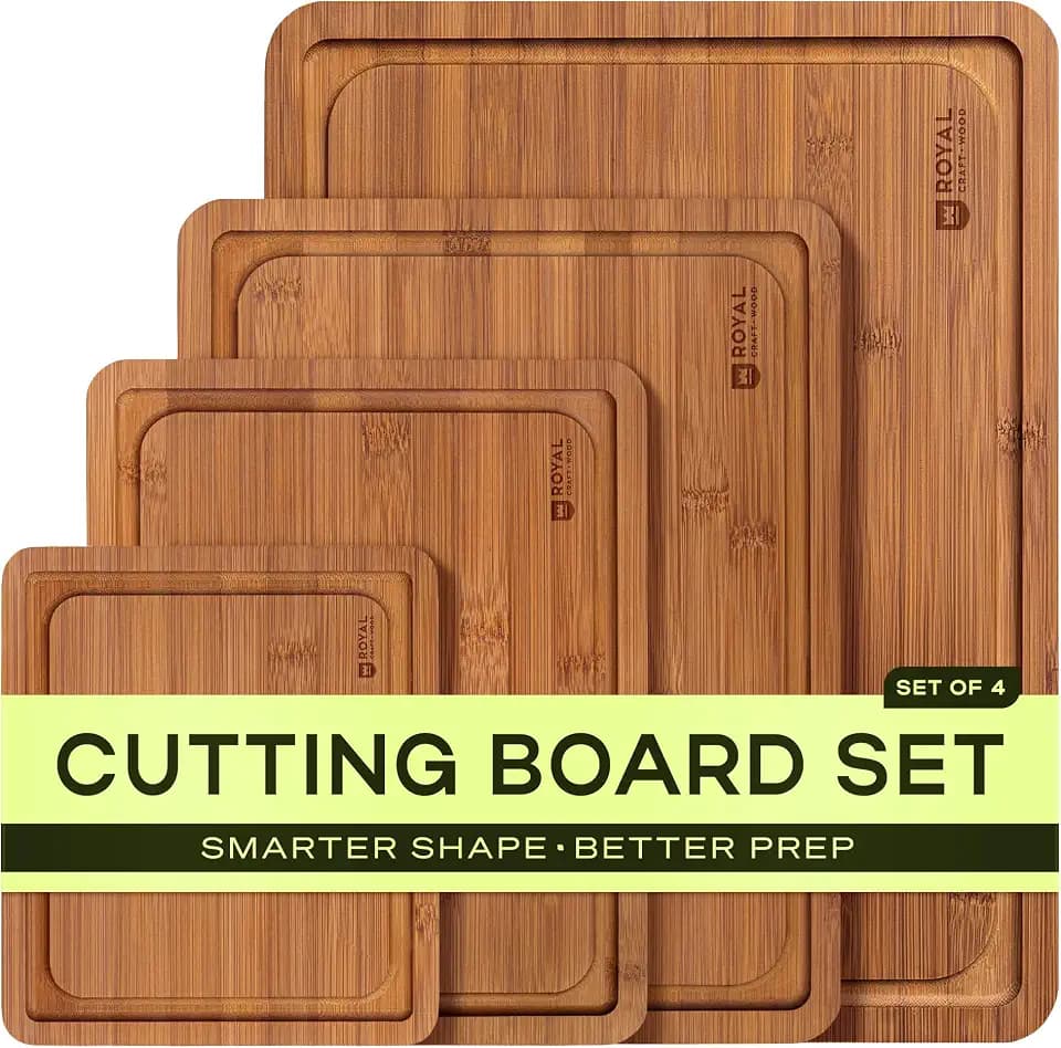 ROYAL CRAFT WOOD Wooden Cutting Boards for Kitchen Meal Prep & Serving - Bamboo Non Toxic Cutting Board Set with Deep Juice Groove Side Handles - Charcuterie & Chopping Butcher Block for Meat (4 Pcs)
