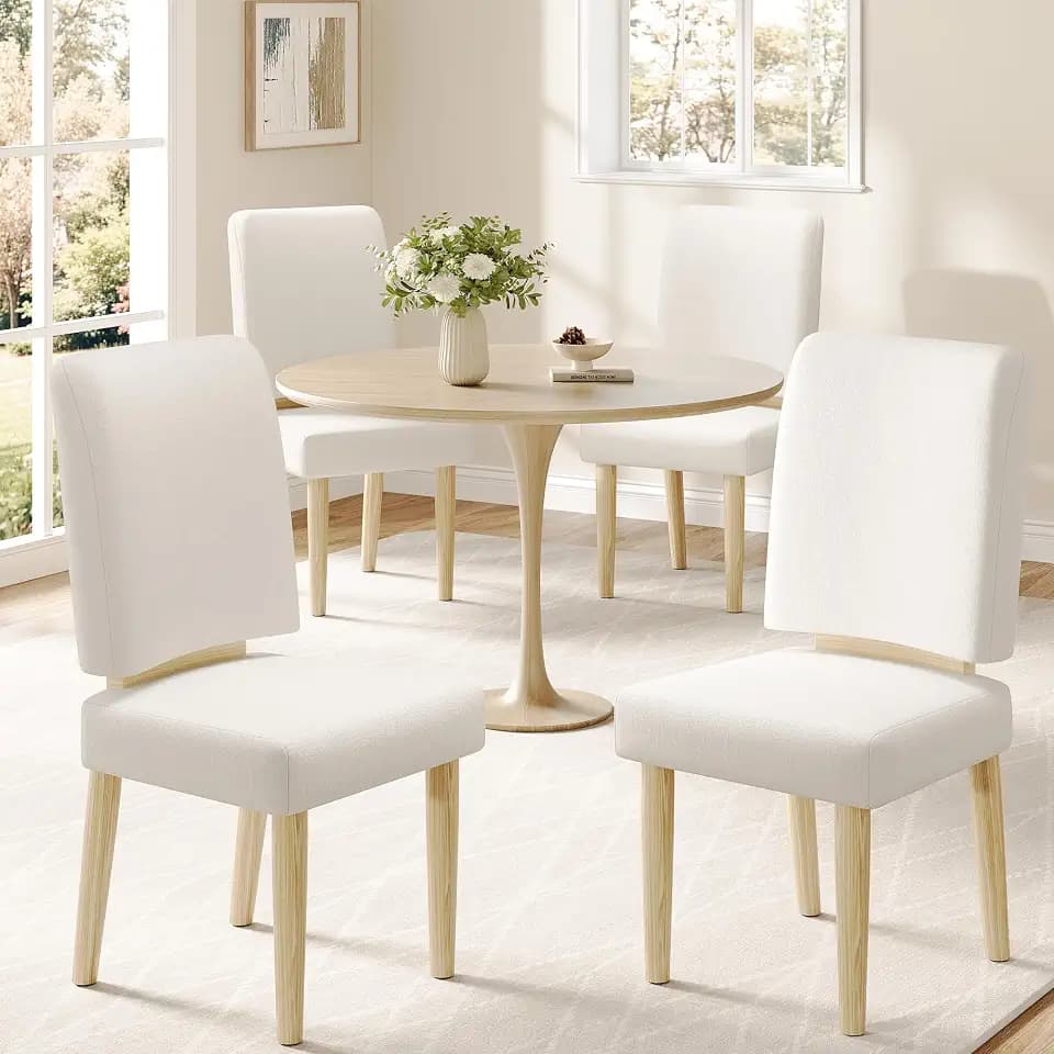 Jocoevol Dining Chairs Set of 4 with Solid Wood Legs - Upholstered Dining Chairs with 4.5" Thick Seat Cushion, Ergonomic Curved Backrest, Mid-Century Modern Kitchen & Dining Room Chairs (White)