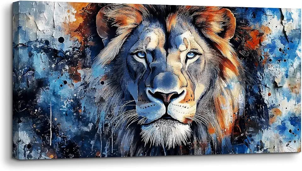 SERIMINO Blue Watercolor Lion Wall Art, Nature Animal Canvas Prints 20"X40"