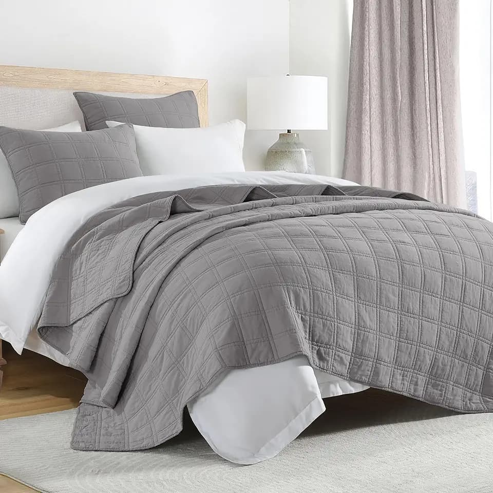 HORIMOTE HOME 100% Cotton Quilt Set Twin Size, Grey Pre-Washed Bedspreads Coverlet Set in Geometric Pattern, Cozy Lightweight Stitching Decorative Bedding Cover with 1 Sham for All Season