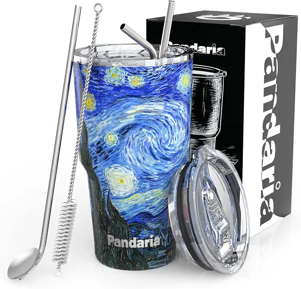30 oz Tumbler Cup with Lids and Straws, 100% Leak-Proof, Cupholder Friendly Insulated Cup with Straw, Double Wall Coated Stainless Steel Tumbler, Ideal Gift for All Occasions (Starry Night)