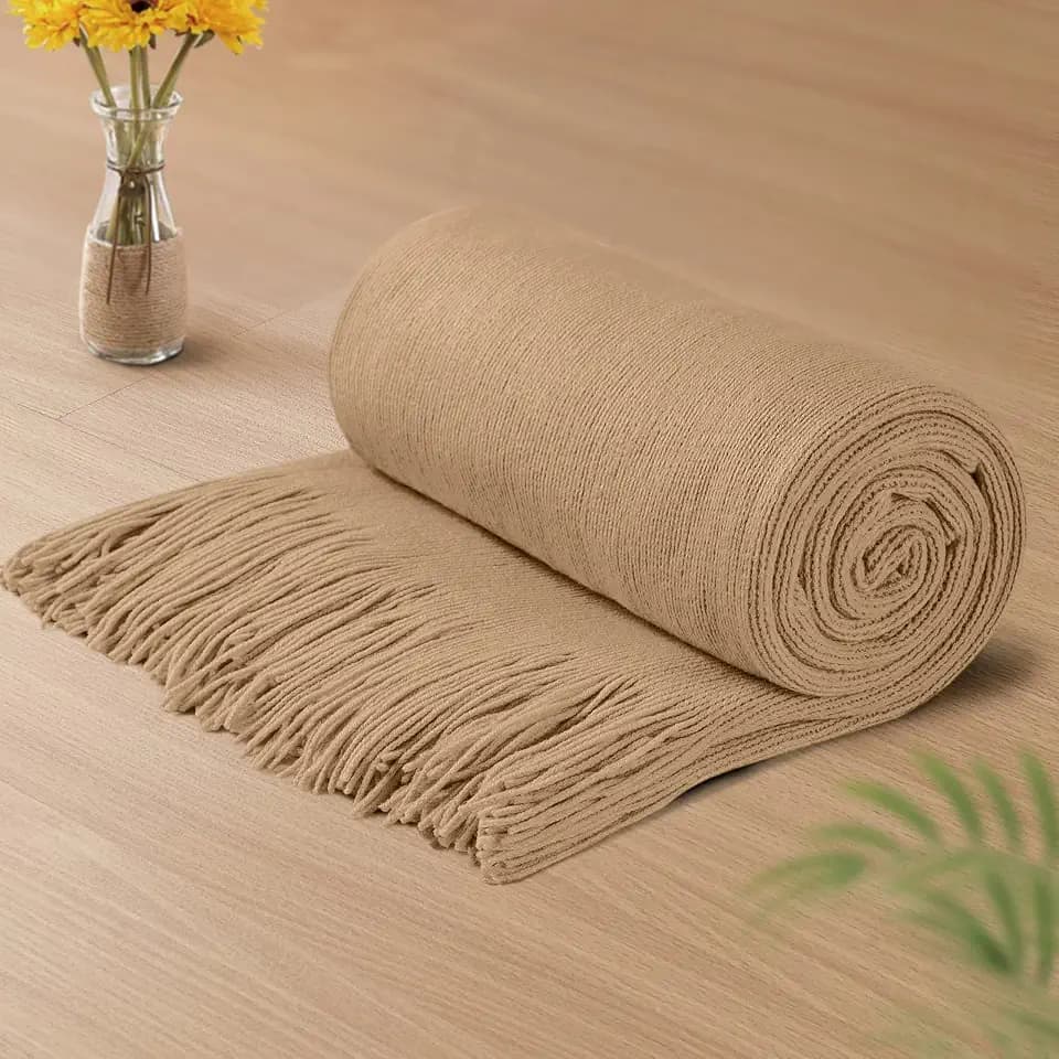 Vonty Light Brown Knitted Throw Blanket with Tassels Fringe, 60x80 Acrylic