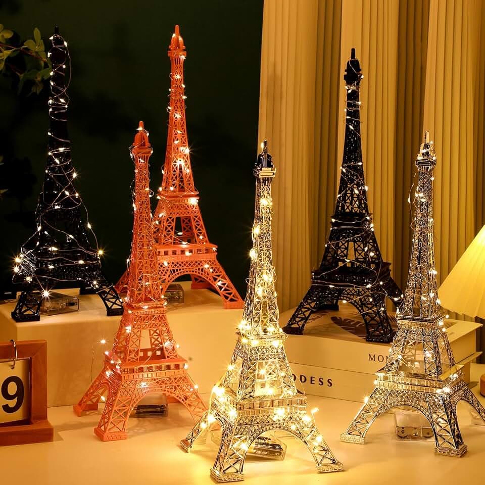 Yaocom 6 Pcs Eiffel Tower Statue 15 Inch Metal Eiffel Tower Model Figurine Paris Themed Centerpiece with Light Strings Cake Topper for Party Table Kitchen Decoration