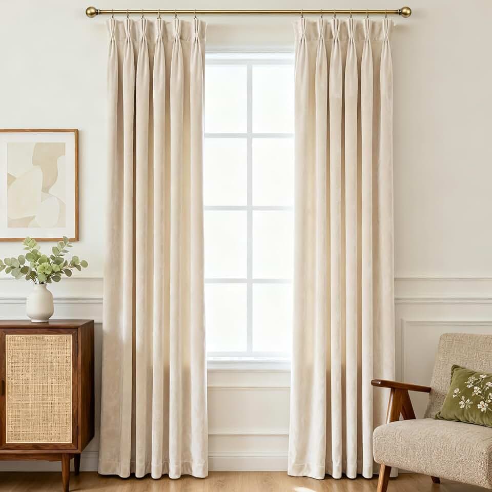 Triple Pinch Pleated Cream Velvet Curtains 102 inches Long Living Room Darkening Curtain Neutral Modern Farmhouse French Pinch Pleat Curtain Panel Heavy Thick Light Filtering Velvet Drapes for Bedroom