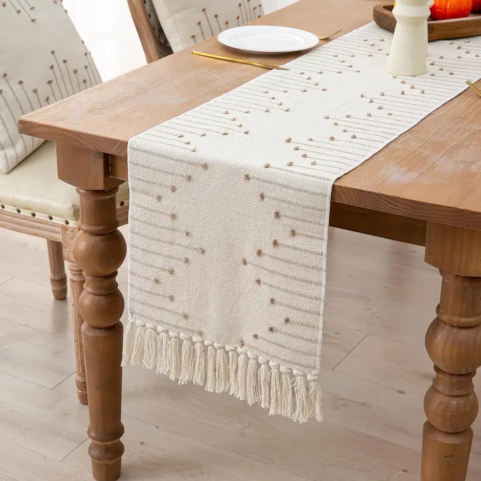 Table Runner 72 Inches Long, Boho Style with Handmade Tassels, 70% Cotton & 30% Linen, Modern Farmhouse Home Decor for Living Room (Beige Taupe, 12x72 Inch)