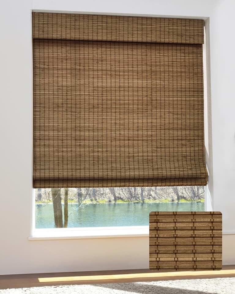 UNISHADES Bamboo Roman Shades w/Valance, 24.5" W × 64" H, Highfield Teak