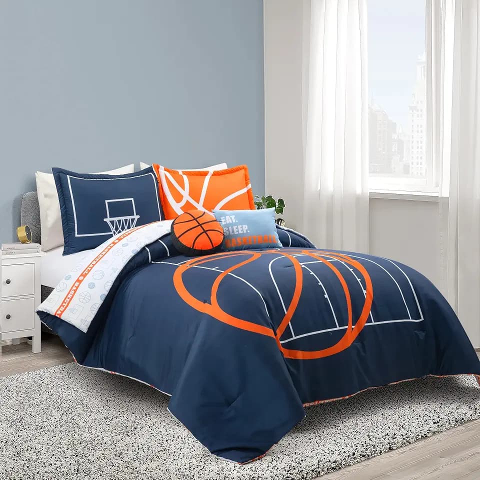 Lush Decor Basketball Game Reversible Comforter Queen Size 5 Piece Set, Full/Queen Navy - Kids Comforter Set - Basketball Comforters - Sports Decor