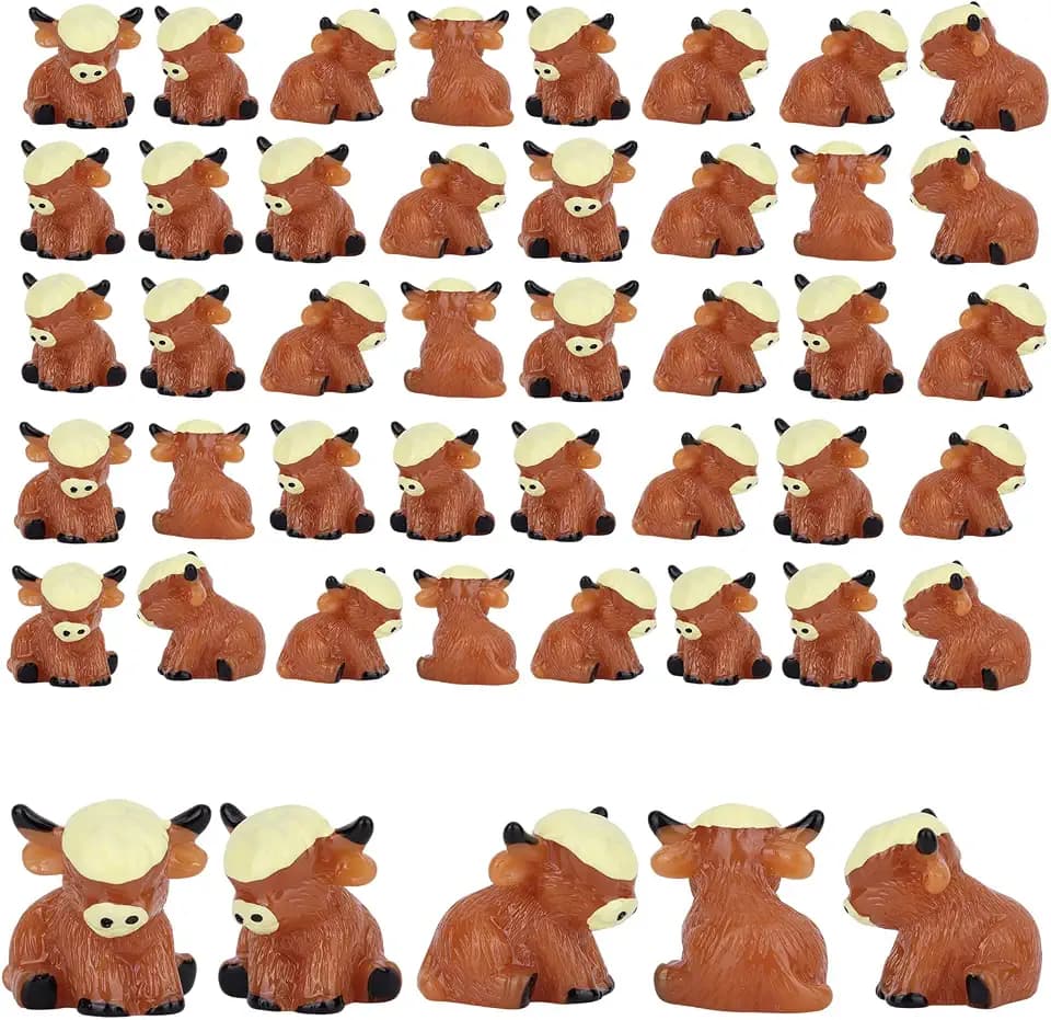 50pcs Mini Highland Cow Figurines, Resin Miniature Highland Cow Statues Cute Resin Animals for DIY Decor Home Kitchen Garden Office Desk Miniature Landscape
