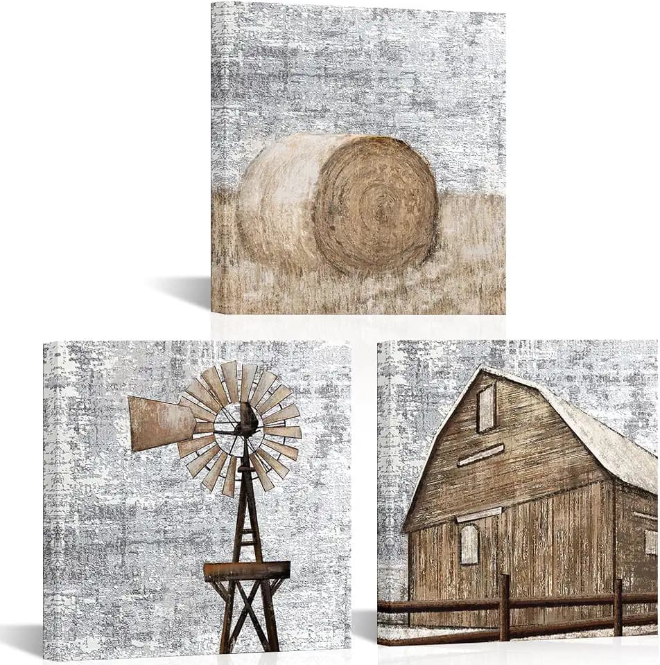 Visual Art Decor Farmhouse Canvas Wall Art Barn Windmill Painting Country Wall Decor Farmhouse Pictures Framed Artwork for Walls