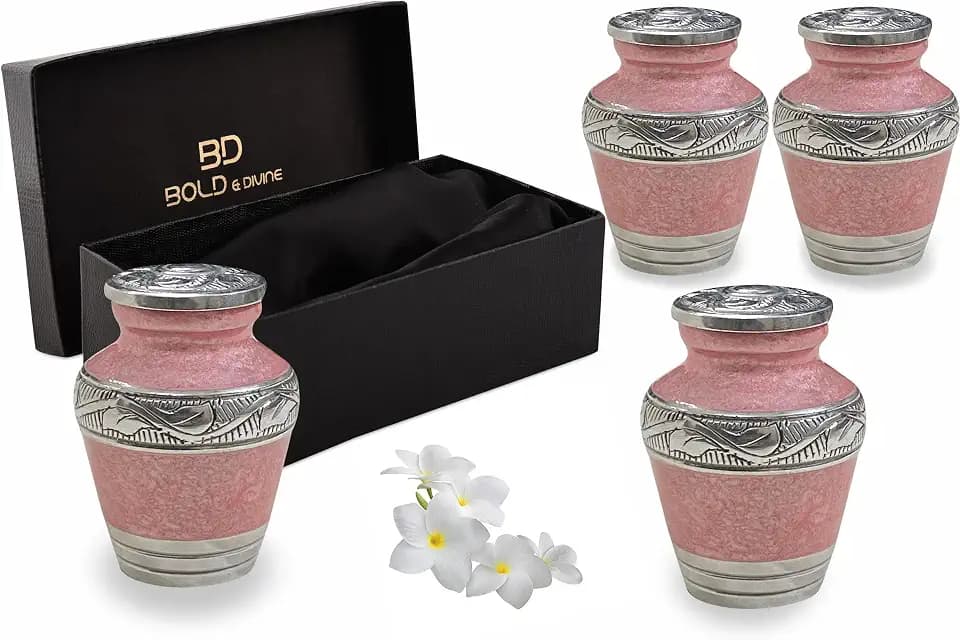 BOLD & DIVINE Small Keepsake Urns Pack of 4 | Urn for Human Ashes or Pet Ashes | Pink Enamel Textured Mini Urn Set of 4 | 2.75" Tall Urns & 4 Individual Velvet Bags
