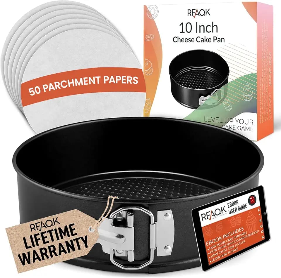 RFAQK 10 Inch Springform Pan Nonstick Leakproof - Spring Form Pan for Cheesecake with Removable Bottom, Include 50pcs Parchment Paper, Recipe E-Book - Perfect for Baking Cheese Cakes, Pizzas, & More!