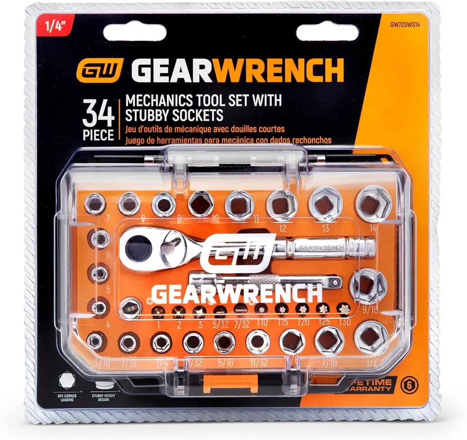 GEARWRENCH 34 Pc 1/4" Dr Stubby Socket Mechanics Hand Tool Set | GW72SWS14